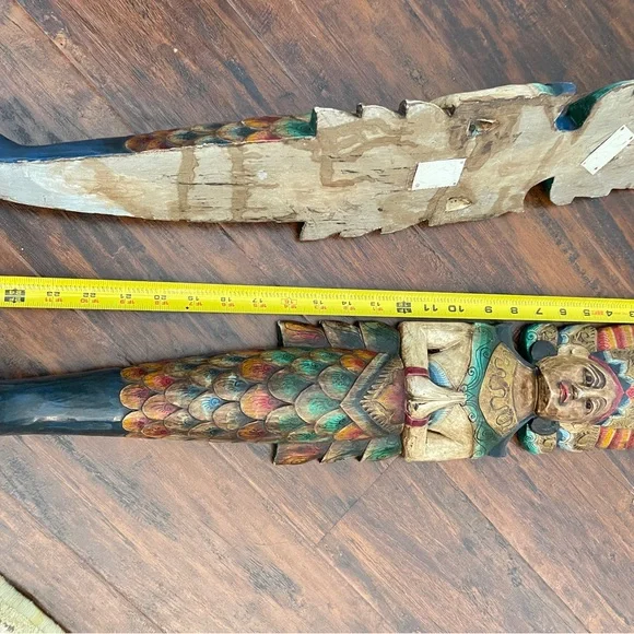 PAIR OF VINTAGE GORGEOUS VINTAGE BALINESE HINDU PAINTED WOOD STATUE FIGU…